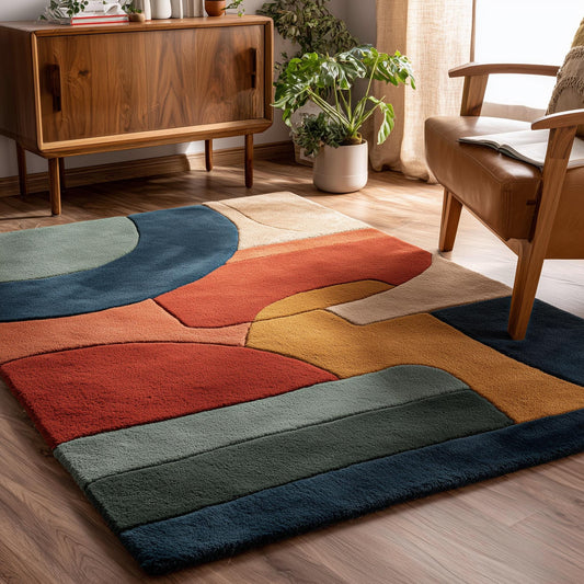Hand tufted terracotta area rug with abstract geometric color block design in warm earth tones