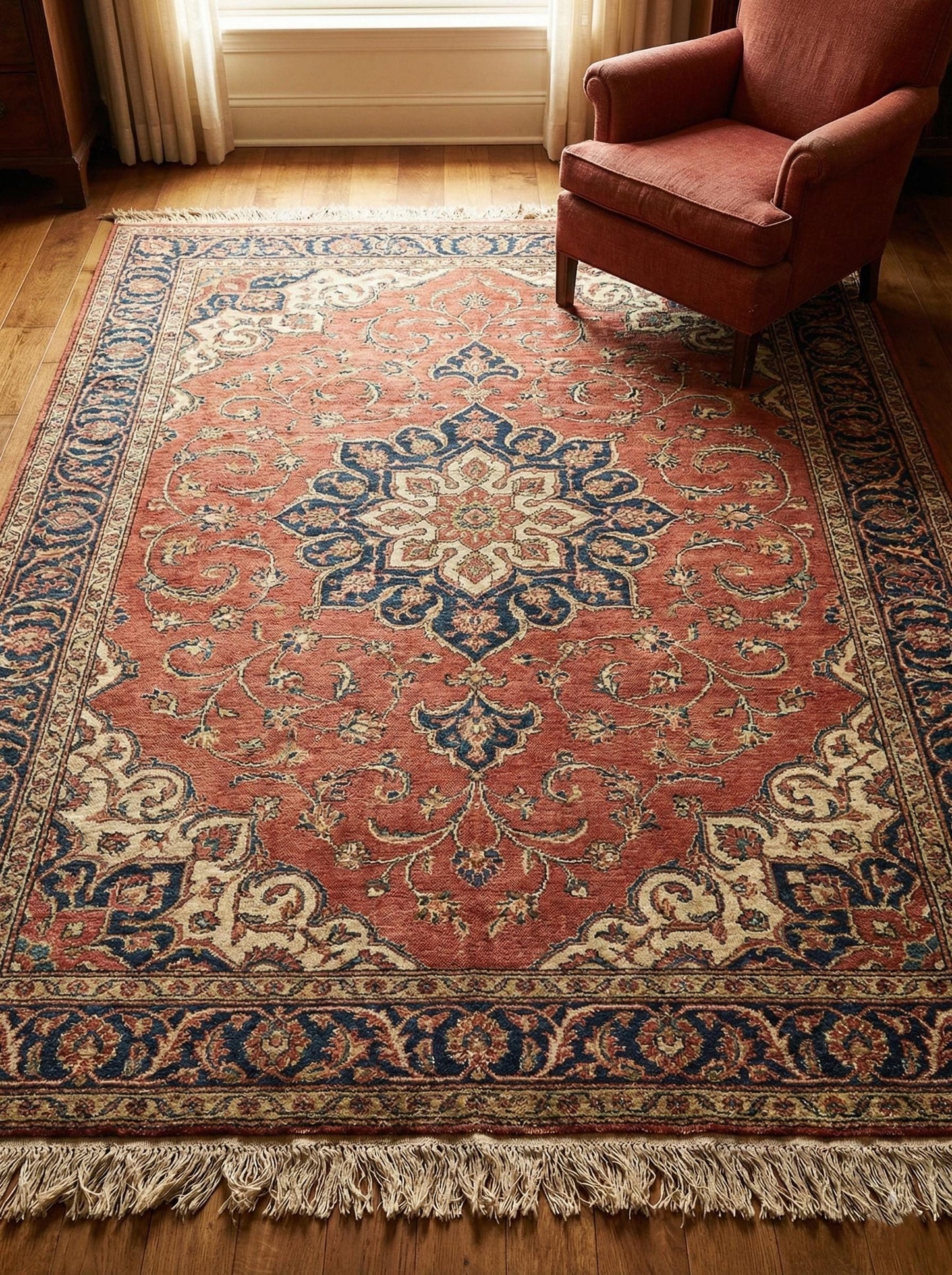 Top-down view of a large terracotta red hand-knotted wool rug with a central navy blue medallion and floral patterns on a hardwood floor near an armchair.