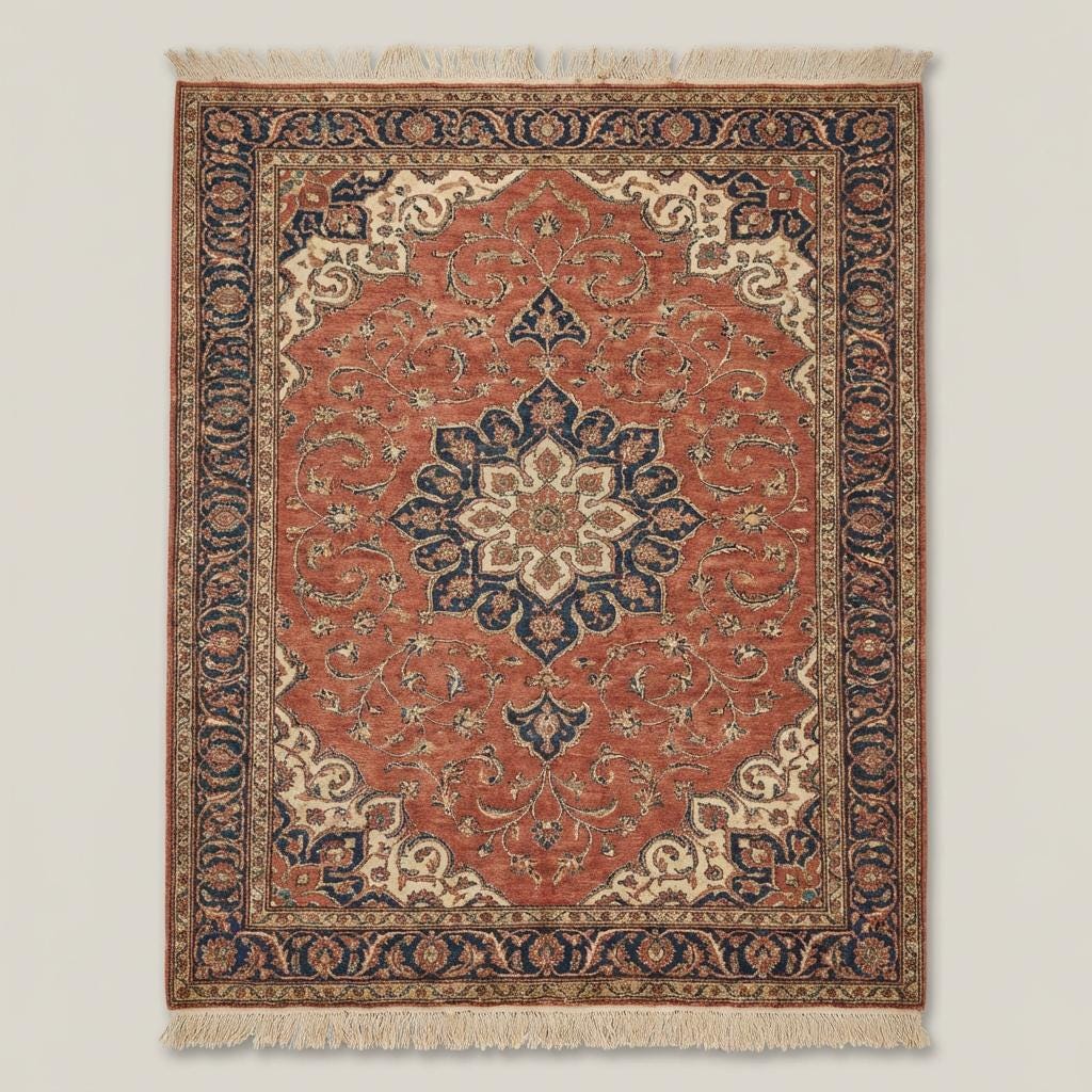 Detailed shot of the hand-tied cotton fringe and the intricate floral border of the red hand-knotted Persian style rug.