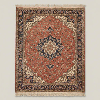 Detailed shot of the hand-tied cotton fringe and the intricate floral border of the red hand-knotted Persian style rug.