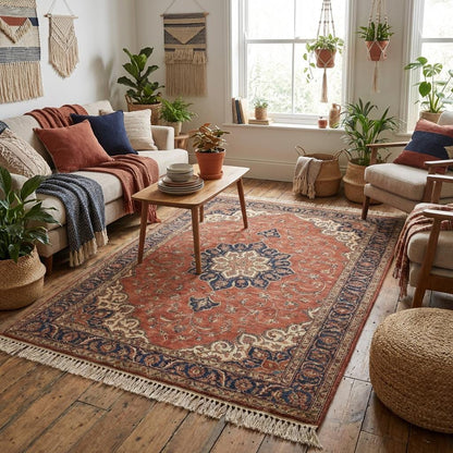 A terracotta floral area rug anchored under a traditional wooden coffee table, highlighting the rug's thickness and artisan quality.