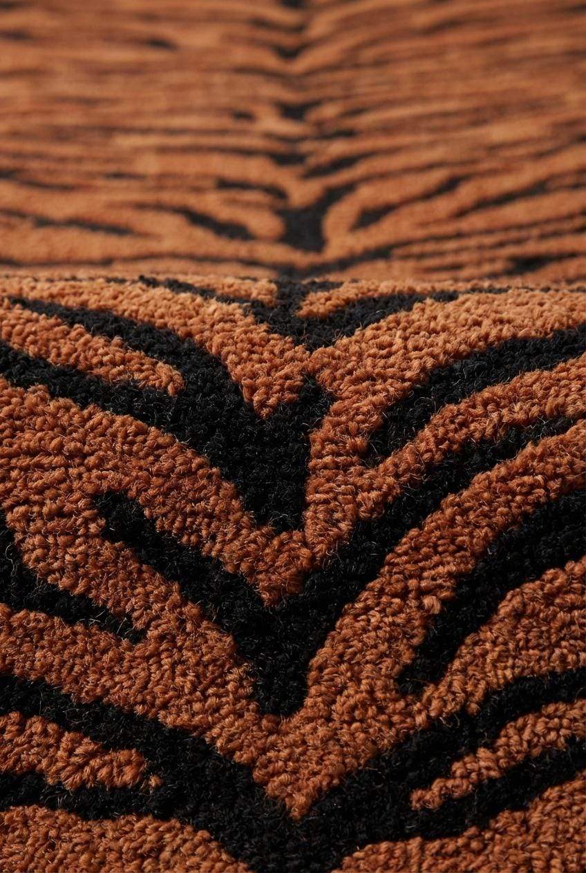 Close-up of plush hand tufted rug pile showing dense yarn loops and black tiger stripe pattern on orange background __etsy:7803998776