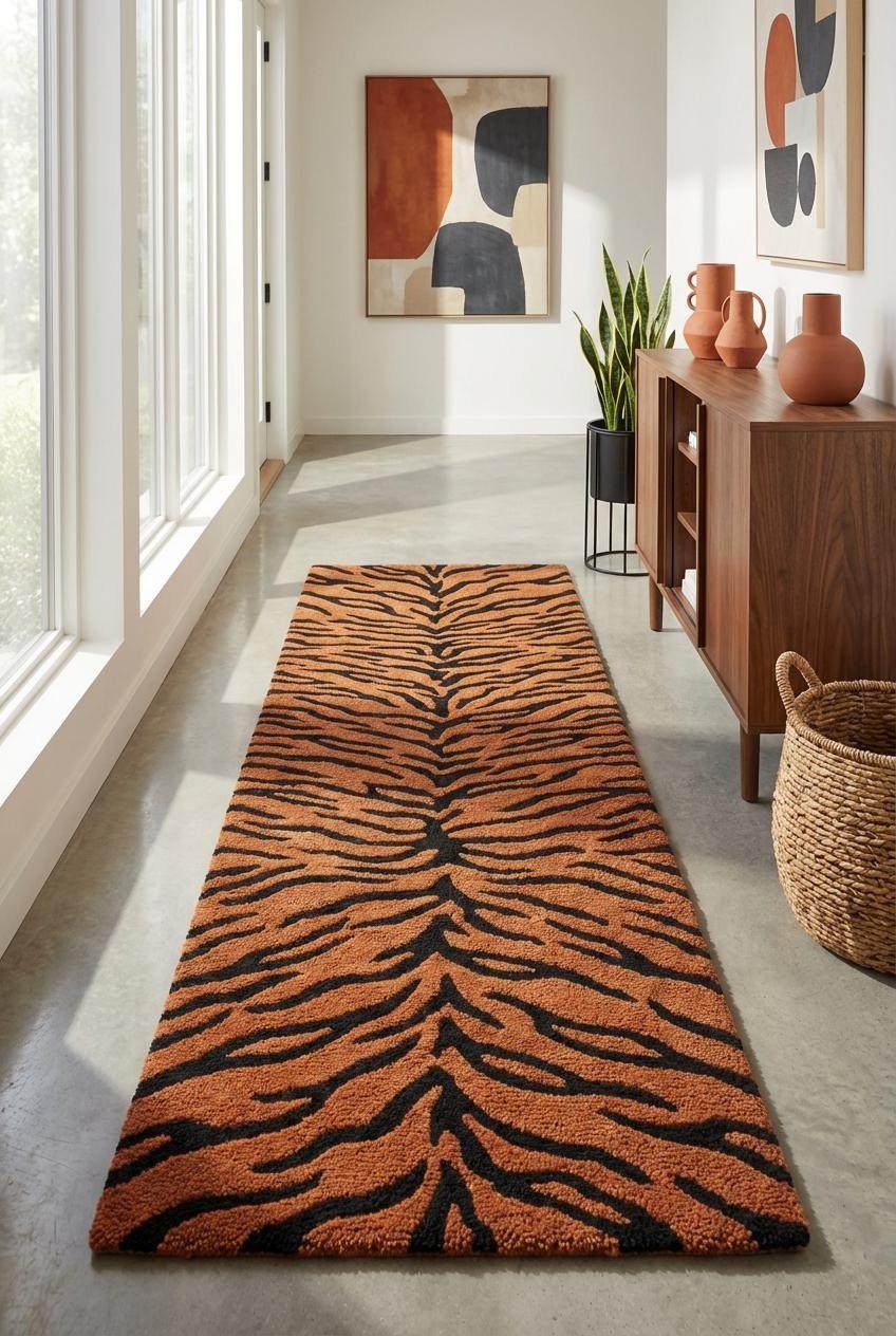 Burnt orange and black tiger pattern runner rug styled in minimalist hallway with natural wood flooring __etsy:7803998718