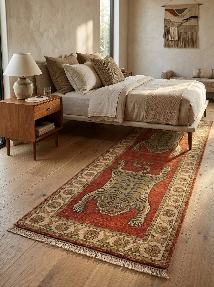 Tiger Runner Rug Hand Knotted Wool Carpet, Tibetan Inspired Hallway Rug, Statement Home Decor __etsy:8100396194