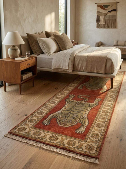 Tiger Runner Rug Hand Knotted Wool Carpet, Tibetan Inspired Hallway Rug, Statement Home Decor __etsy:8100396194