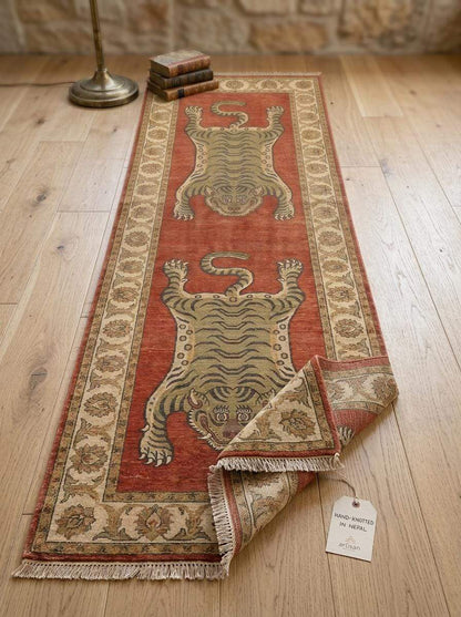 Tiger Runner Rug Hand Knotted Wool Carpet, Tibetan Inspired Hallway Rug, Statement Home Decor __etsy:8100396322