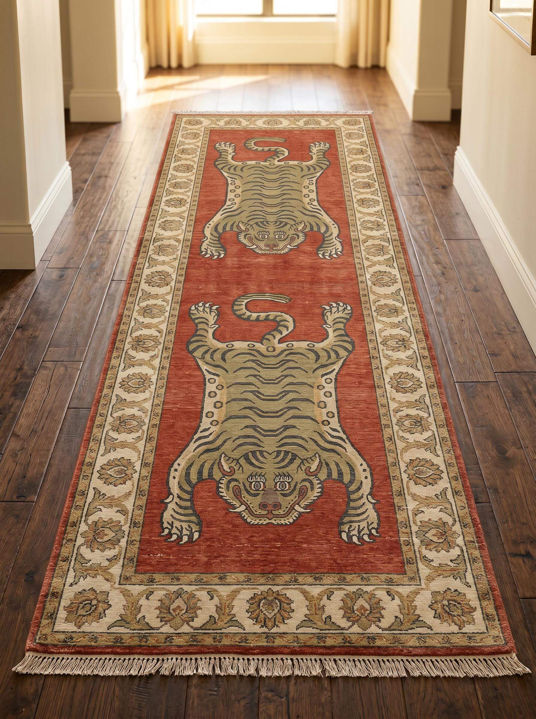 Hand knotted Tibetan tiger runner rug featuring two tiger motifs on a rust red background with decorative floral borders and handmade wool craftsmanship. __etsy:8100395708