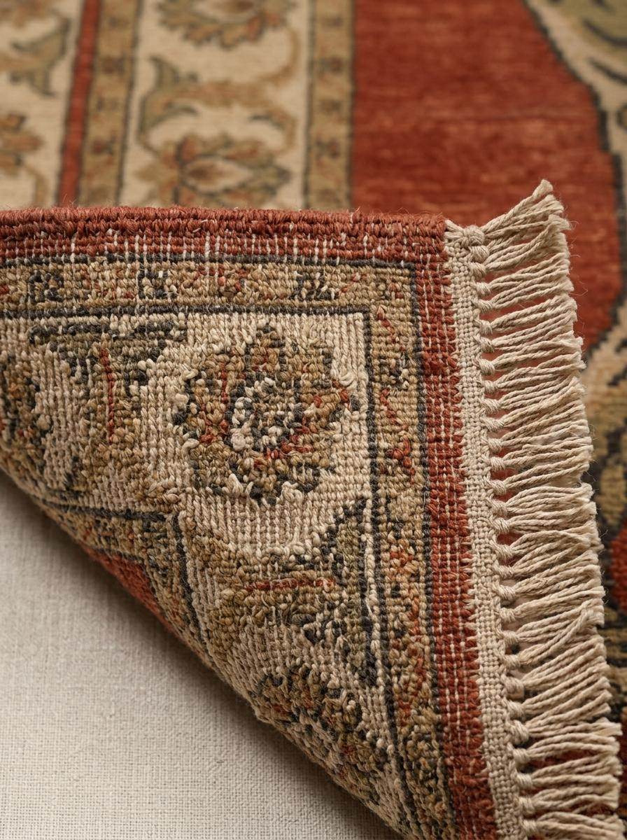 Close-up view of hand-knotted wool pile showing detailed tiger pattern, natural wool fibers, low pile texture, and artisan knot construction. __etsy:8148304475