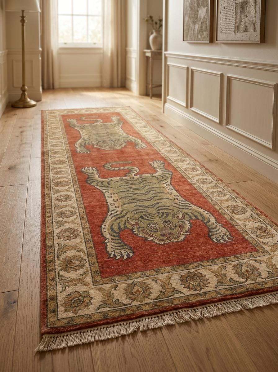 Rust red hallway runner carpet with symmetrical tiger motifs, artisan wool weaving, and vintage-inspired decorative styling. __etsy:8100396190