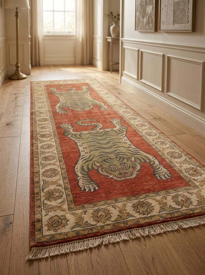 Rust red hallway runner carpet with symmetrical tiger motifs, artisan wool weaving, and vintage-inspired decorative styling. __etsy:8100396190