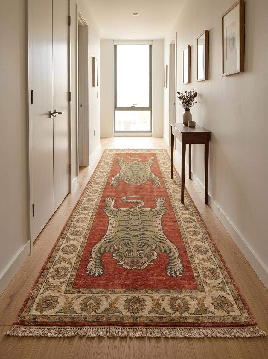 Statement hand-knotted Tibetan tiger runner rug ideal for entryways, corridors, bedrooms, and curated interior design spaces. __etsy:8100396180