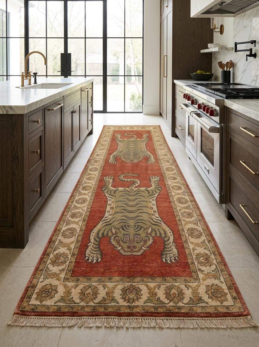 Tiger Runner Rug Hand Knotted Wool Carpet, Tibetan Inspired Hallway Rug, Statement Home Decor __etsy:8100396196