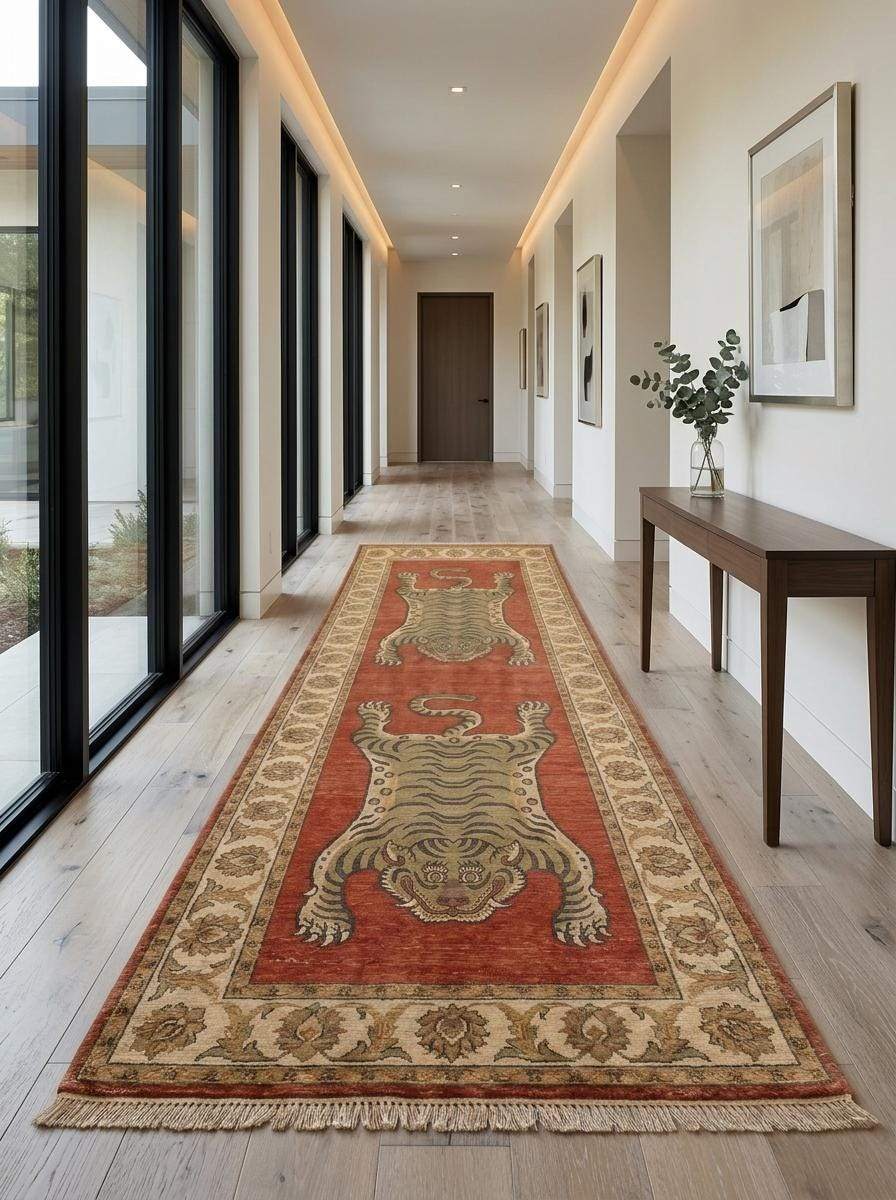 Eclectic handmade wool tiger rug showcasing folk art design, traditional craftsmanship, and durable hand-knotted construction. __etsy:8148304379