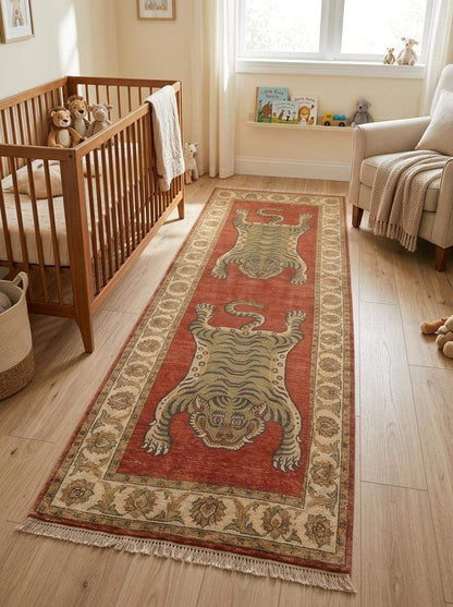 Tiger Runner Rug Hand Knotted Wool Carpet, Tibetan Inspired Hallway Rug, Statement Home Decor __etsy:8148304473