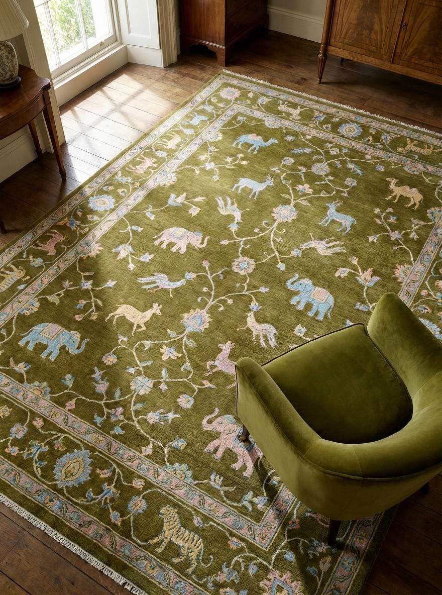 Tree of Life hand knotted wool area rug with animal motifs and rich green field