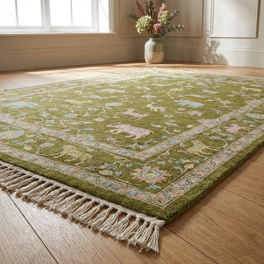 Close up of hand knotted wool pile showing individual knots and soft natural fiber texture