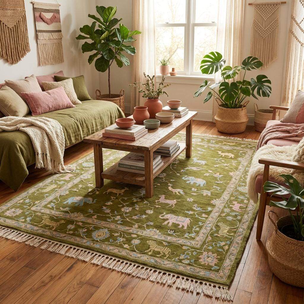 Artisan woven green wool rug featuring elephants, birds, and floral vine patterns