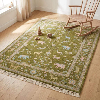 Traditional hand knotted pictorial rug styled in living room with wooden flooring