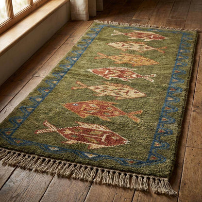 Tribal Fish Hand Knotted Wool Runner Rug __etsy:7662046517