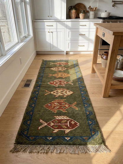 Hand knotted wool tribal runner rug with fish pattern in kitchen __etsy:7614108374