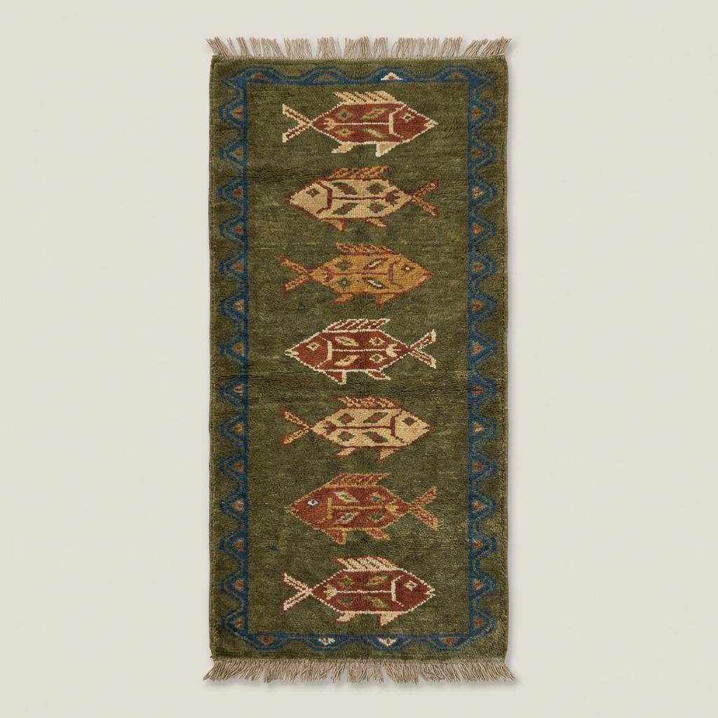 Olive green tribal fish patterned wool runner on wooden floor __etsy:7614108232