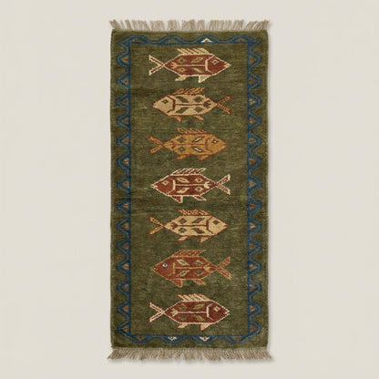 Olive green tribal fish patterned wool runner on wooden floor __etsy:7614108232