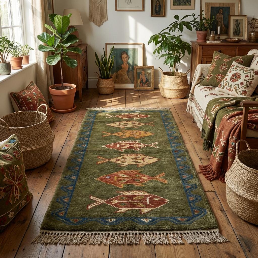 Hand-knotted wool runner rug with tribal fish geometric pattern in olive green, rust, and blue colors
