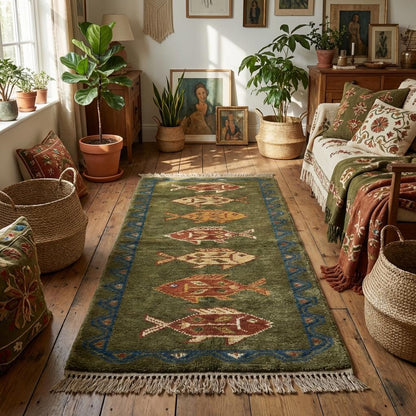 Hand-knotted wool runner rug with tribal fish geometric pattern in olive green, rust, and blue colors