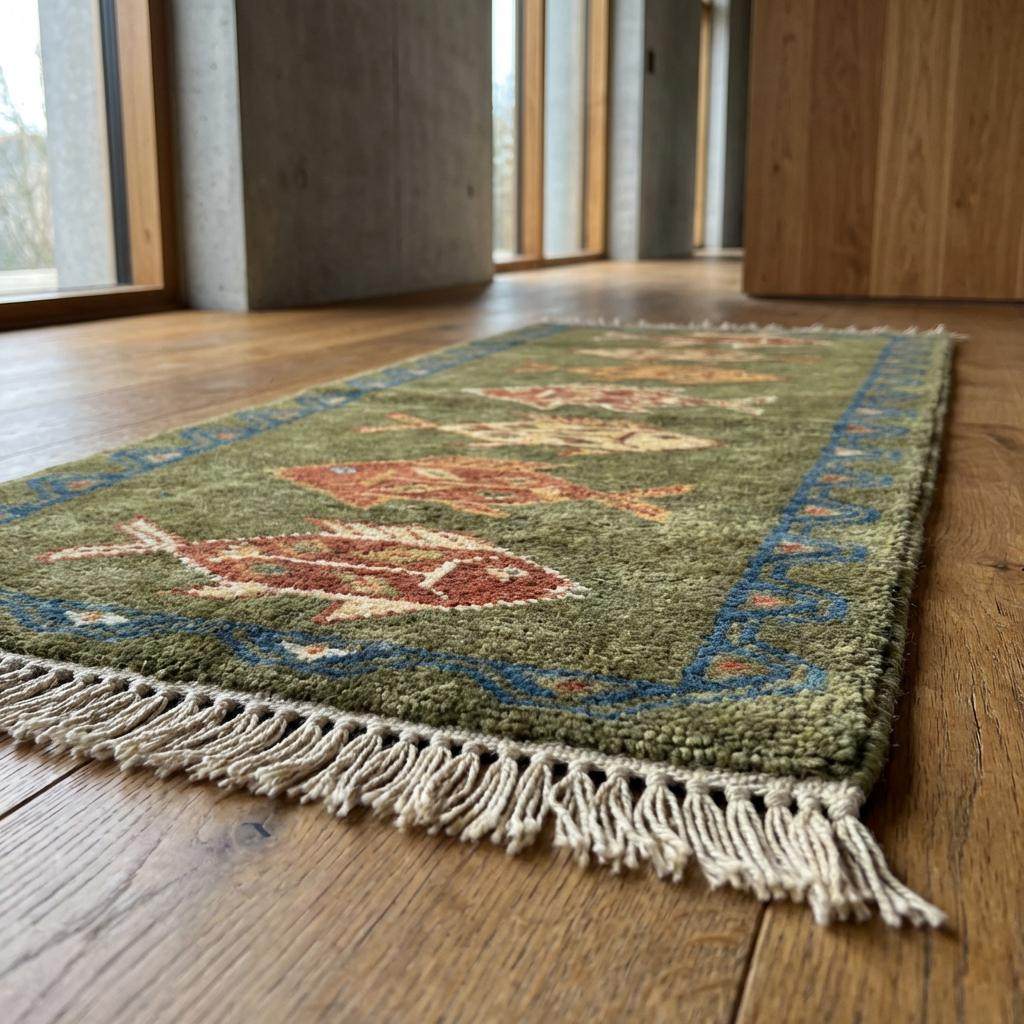 Rust and cream fish motif hand knotted wool runner rug __etsy:7662046453
