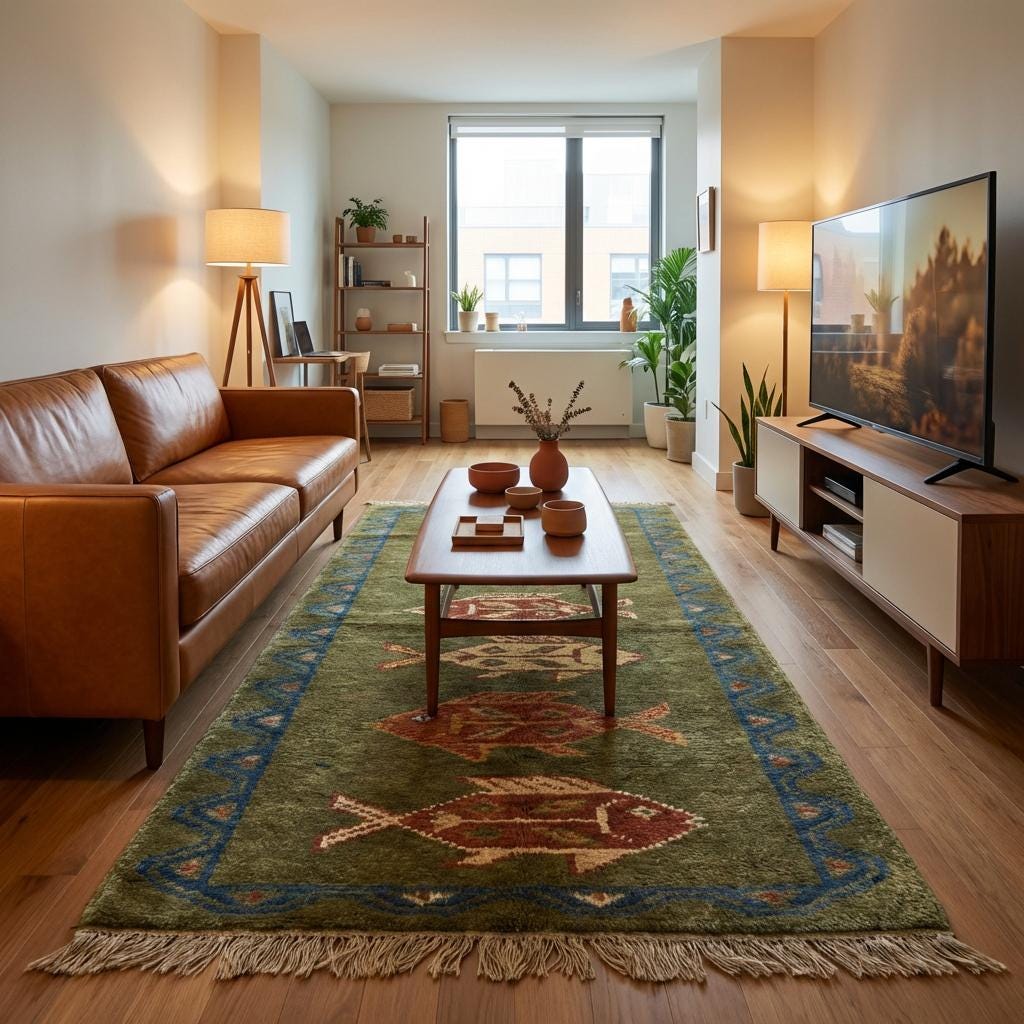 Tribal fish hand-knotted wool runner rug with geometric pattern and olive green base