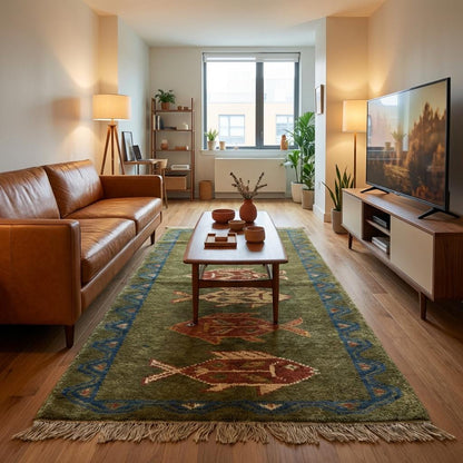 Tribal fish hand-knotted wool runner rug with geometric pattern and olive green base