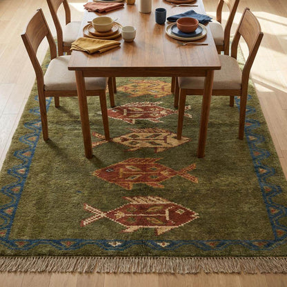 Tribal Fish Hand Knotted Wool Runner Rug __etsy:7614108394