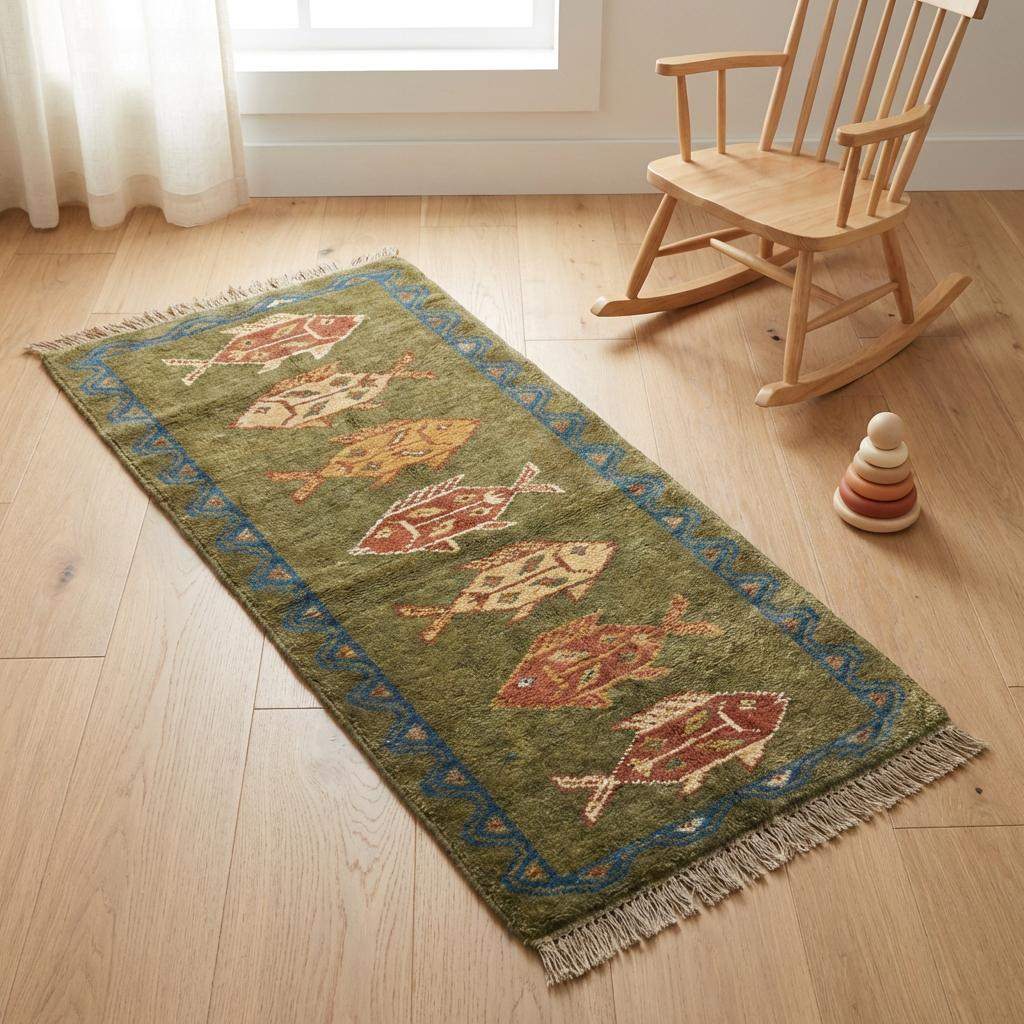 Tribal Fish Hand Knotted Wool Runner Rug __etsy:7662046461