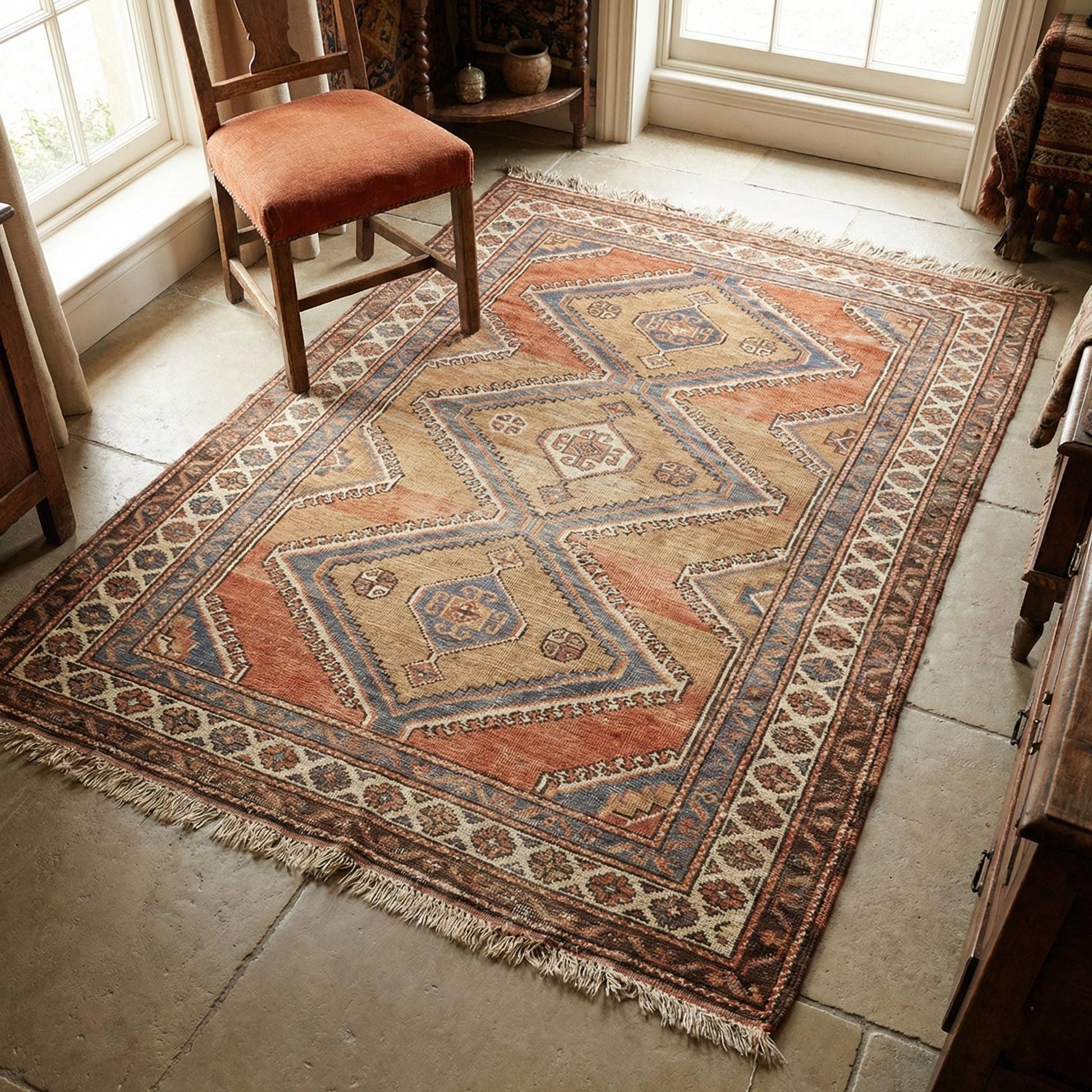 Hand knotted wool tribal geometric area rug in rust and blue tones