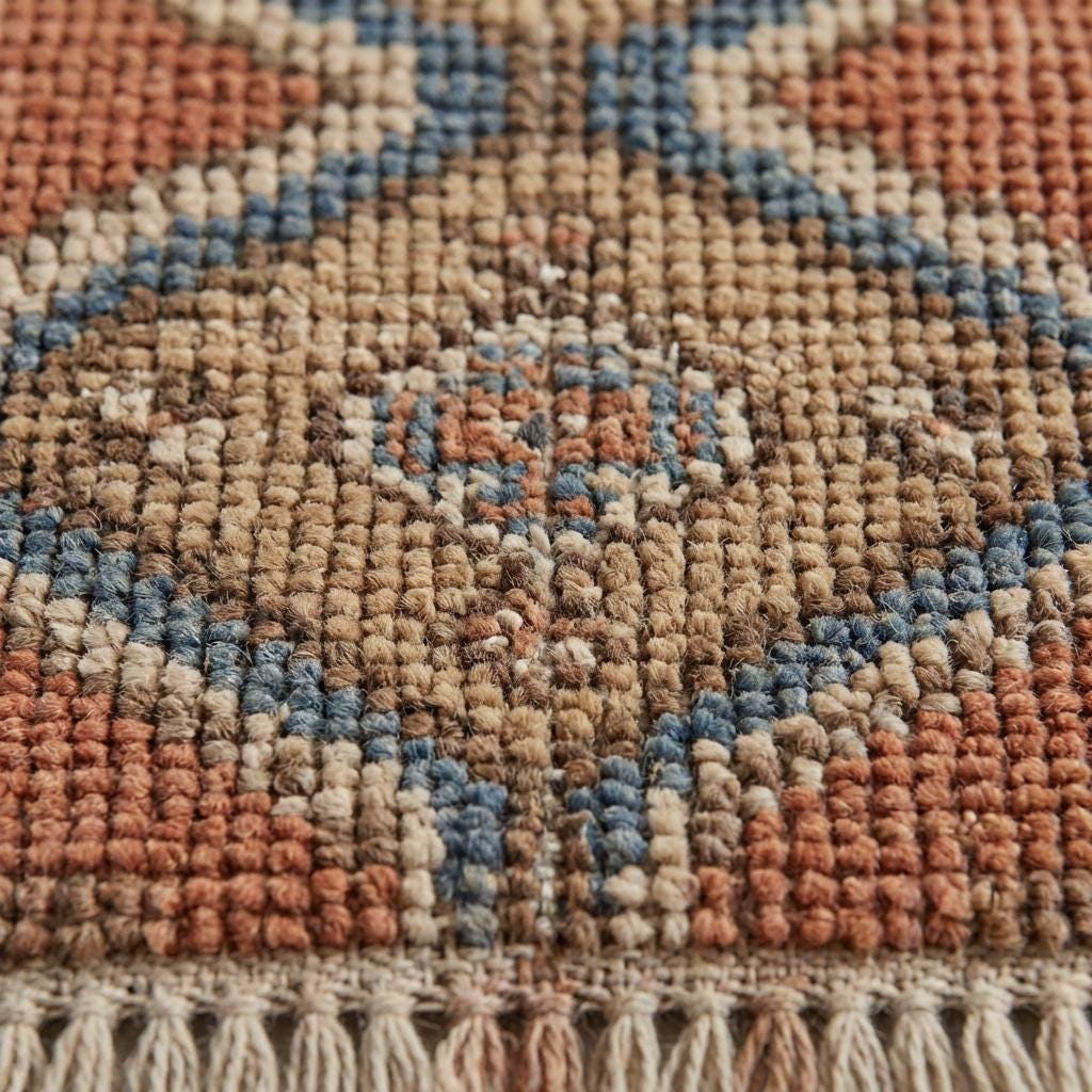 Close-up of hand knotted wool pile showing individual knot structure and natural fiber texture