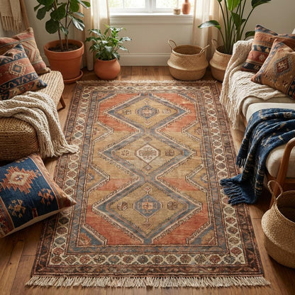 Persian style hand knotted wool rug with geometric medallion pattern