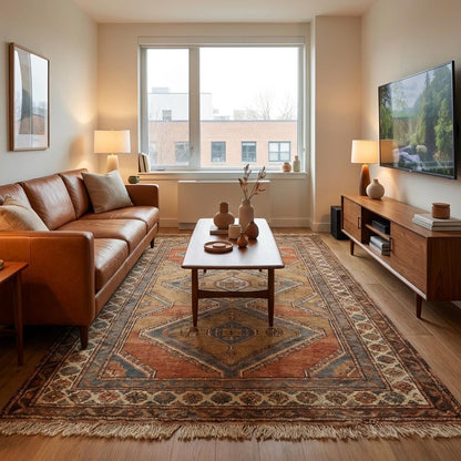 Earth tone wool hand knotted rug with natural fringe detail