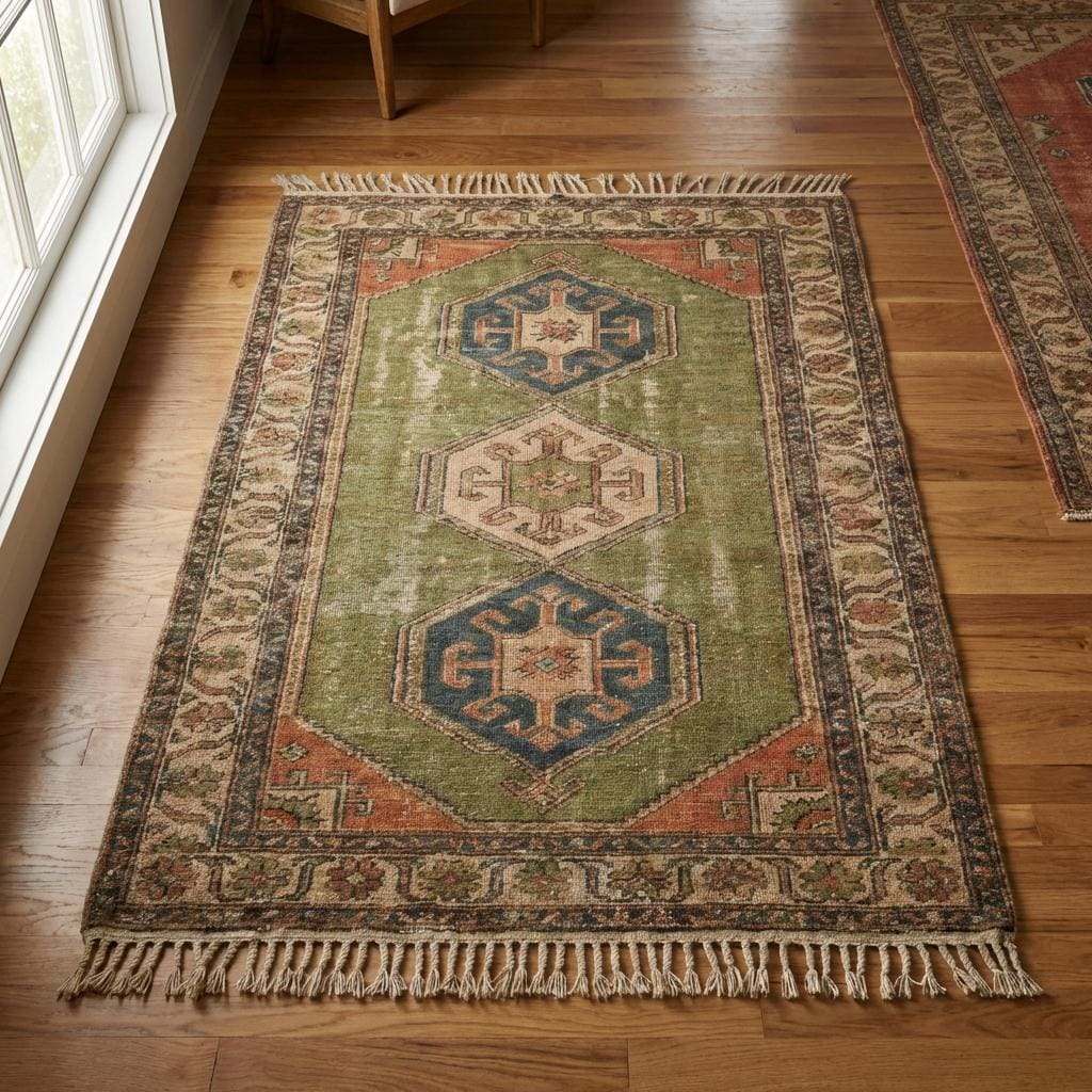 Tribal hand knotted wool rug with geometric Oushak style medallion and natural wool pile