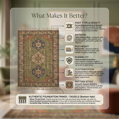 Tribal hand knotted wool rug with geometric Oushak medallion design in earthy olive green and rust tones
