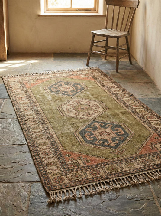 Tribal hand knotted wool rug with geometric Oushak design in olive green and rust tones