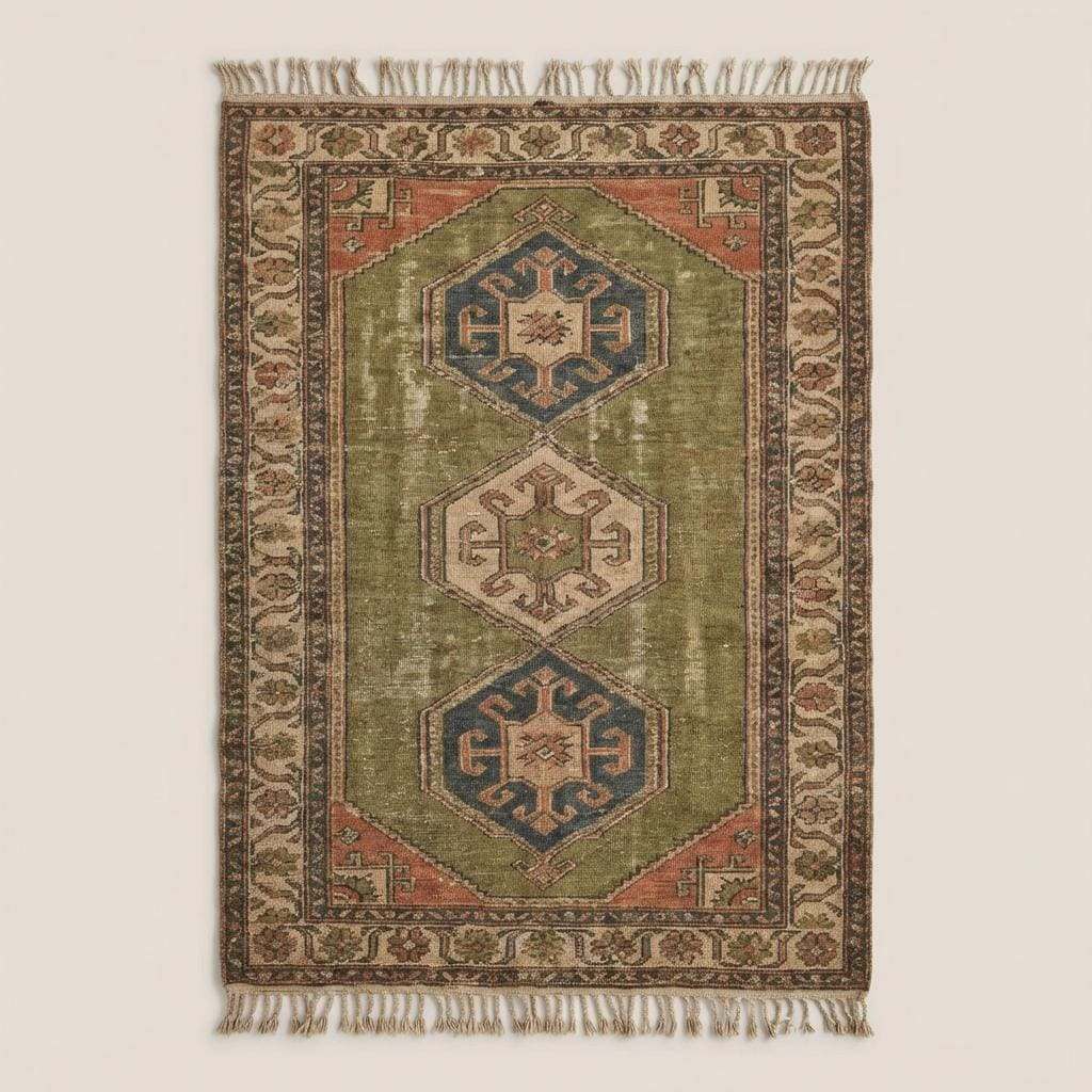 Tribal hand knotted wool rug with geometric Oushak medallion design in earthy olive green and rust tones