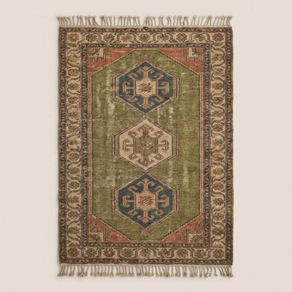 Tribal hand knotted wool rug with geometric Oushak medallion design in earthy olive green and rust tones