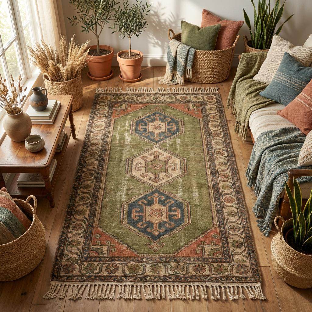 Tribal hand knotted wool rug with geometric Oushak medallion design and natural wool texture