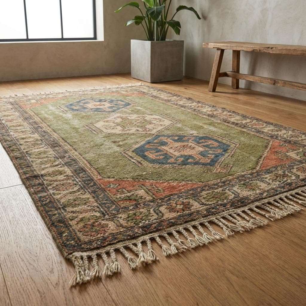 Tribal hand knotted wool rug with geometric Oushak design in earthy olive green and rust tones