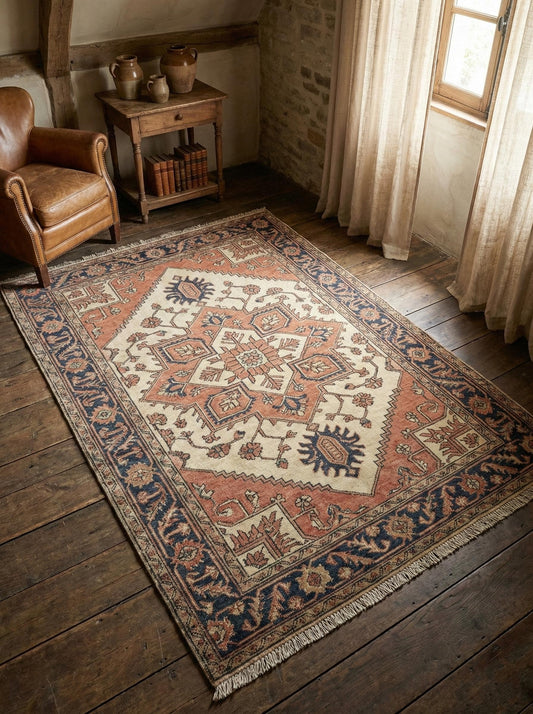 Tribal Oushak hand knotted wool rug with geometric medallion design and fringe edges