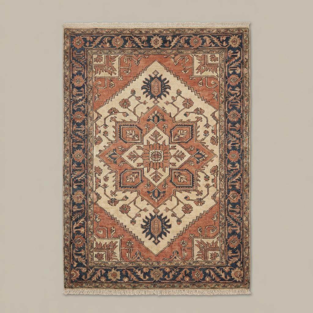 Traditional Oushak style hand knotted rug placed on wooden floor in rustic living space