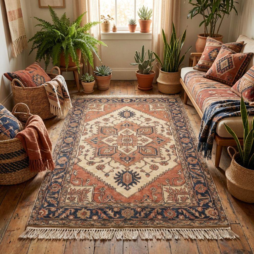 Geometric medallion hand knotted rug with vintage tribal pattern and hand-finished fringe