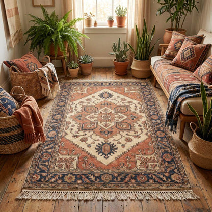 Geometric medallion hand knotted rug with vintage tribal pattern and hand-finished fringe