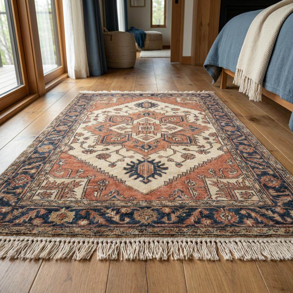 Artisan made wool area rug featuring earthy colors and classic Persian inspired design