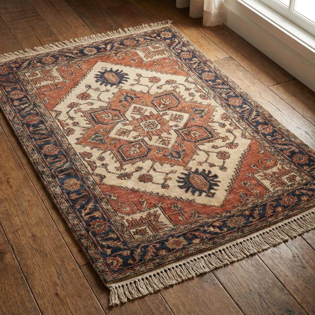 Handmade tribal wool rug styled in cozy interior with leather chair and neutral décor